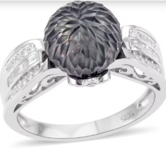 Tahitian Cultured Carved Pearl and White Zircon Ring 9-10mm - Picture 1 of 5